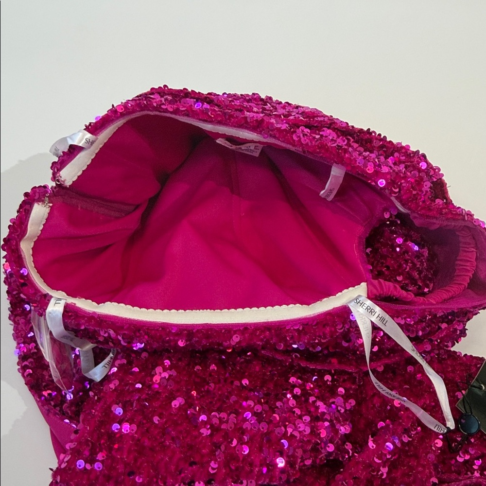NWT Sherri Hill Fuchsia Sequins Gown Size 0 One Shoulder High Slit - Picture 12 of 15